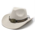 Detail of cream western cowboy hat with brown leather band and metallic bull skull buckle - M (56-59cm) / Off White