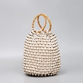 Handmade woven bead bucket bag with natural bamboo handles and black white diamond pattern - Ivory with Black Beads