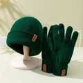 Conjunto de gorro y guantes de punto verde oscuro con parches de cuero para el invierno - Verde Oscuro