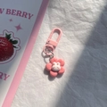 Cute pink flower keychain with small white bunny charm and matching pink hook - Five-Petal Flower