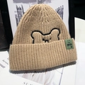 Khaki knitted beanie with cute bear embroidery and a green smiley face logo tag - One Size / Khaki (With Bear Embroidery)