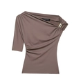 Détail du haut taupe à une épaule montrant l'anneau doré et la texture froncée latérale - XS / Marron