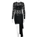 Sexy black lace sheer bodycon dress with long sleeves and elegant side streamers - S / Black