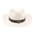 Chapeau de cowboy rétro en paille blanche avec bandeau marron à étoile et soleil. - Taille unique / Blanc