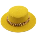 Detail of yellow straw boater hat featuring a decorative thick gold metal chain band - M (56-58cm) / Bright Yellow Style (08)