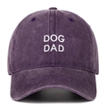 Close-up detail of a purple washed cotton baseball cap with white Dog Dad embroidery - One Size / Purple