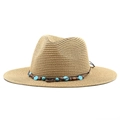 Classico cappello di paglia kaki con fascia etnica di perline per spiaggia e tempo libero - M (56-58cm) / Cachi