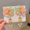 Detailed close-up of handmade pink floral hair clips with golden tassels and pearls - Anxiang Shuying Pair Set