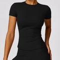 Slim fit quick dry short sleeve yoga t-shirt in solid black color for women - Premium Black
