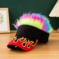Red and black visor with yellow flame embroidery and colorful faux hair spikes - Black + Multicolor Hair