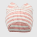 Detailed knit texture of pink and white striped beanie with cute cat ear design - One Size / Pink