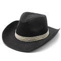 Detail of woven black cowboy straw hat featuring elegant cream lace ribbon trim - M (56-58cm) / Black