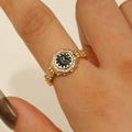 Close-up of a gold watch-shaped ring with a black dial and sparkling zircon pavé - Gold Black Inlaid Rhinestone Round Face (3892)