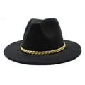 Classic black wool fedora hat with a stylish gold chain decoration on white background - M (56-58cm) / Black