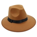 Top-down view of a classic brown fedora hat with a wide black ribbon and teardrop crown - One Size / Khaki