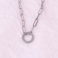 Silver paperclip chain necklace with a sparkling crystal-encrusted circular pendant - Round Platinum Plated Necklace