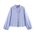 Light blue striped poplin shirt with ruffled collar and lantern sleeves on white background - XS / Sky Blue Stripes