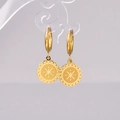 Polished gold stainless steel hoop earrings with sunburst engraved round pendant charms - 18K Gold