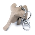 Beige genuine leather elephant keychain with lychee texture and silver metal ring - Elephant Gray