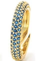 Luxurious gold ring with multi-row pave set dark blue zircons in a vertical side view - Adjustable Open / Gold Plated - Blue Zirconia