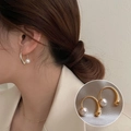 Elegant C-shaped gold hoop earrings with white faux pearl and metal teardrop accent - Gold Pearl Teardrop C-Shape