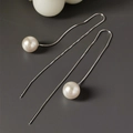 Minimalist S925 sterling silver pearl drop earrings with long chain tassel design - 925 Silver / White Gold