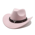 Close-up of pink felt cowboy hat with silver bull head emblem and braided leather band - M (56-58cm) / Pink