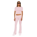 Detail showing pink two-piece set with a slim-fit short sleeve top and flared trousers - XS / Top And Bottom / Pink