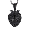 Collana con ciondolo a testa di leone nero con corona in stile hip-hop per uomo - Pendente Testa di Leone Ruggente Nero (KP44973)