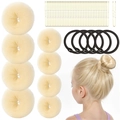 Hair styling tool kit with beige sponge bun makers, gold hairpins, and black elastic bands - 53-Piece Beige Set (A) / Beige