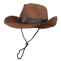 Detail of brown straw cowboy hat with a metal bull head emblem and adjustable wind rope - M (56-58cm) / Coffee