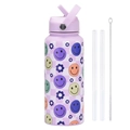 Borraccia termica 1L a scacchi viola con motivi sorridenti colorati e set di cannucce - Viola Chiaro 27A