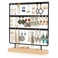 Three-tier black metal earring display stand with wooden base for jewelry storage - 69 Holes Black