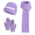 Purple knitted winter set with striped beanie hat, scarf, and touch-screen gloves - Purple