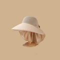 Beige UV protection sun hat with wide brim and neck flap on wooden display stand - Knitted Shawl Neck Protection Style / Khaki