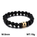 Letter A beaded bracelet with black lava and matte stones, 8mm volcanic beads - Letter A / Gold