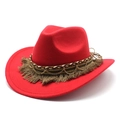 Detail of red wool felt cowboy hat with braided band, gold chains and brown fringes - M (56-58cm) / Red