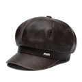 Deep brown faux leather octagonal newsboy hat with a stylish metallic letter emblem - M (56-58cm) / Coffee