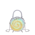 Mini round crossbody bag with silver iridescent finish and golden clock face design - Aurora Silver