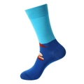 Blue knitted mid-calf cotton crew socks with geometric patterns and ribbed cuffs - 1206-Blue Geometric