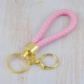 Pink braided leather car keychain with gold-tone spring clip and metal ring for women - Generation 1 Round Dragon Woven Buckle (Light Gold) / Pink