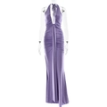 Detail of light purple backless maxi dress with deep V-neck and draped ruching texture - Purple