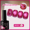 Detail of pink cat eye nail gel MY011 with glossy finish on four almond tips - Deep Magenta (MY011)