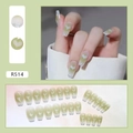 Short ballet press-on nails with green gradient, white hearts and silver glitter accents - R514 Green Heart (Glue Type)