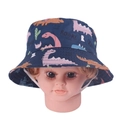 Detail of baby sun hat with navy blue dinosaur print and white elastic windproof chin strap - 50cm / Herbivorous Dinosaur