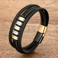 Bracciale multistrato in pelle intrecciata da uomo con dettagli oro e chiusura magnetica - Cuoio Nero Chiusura Oro Argento