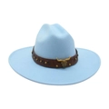 Light blue wide brim cowboy hat with brown leather band and gold bull skull detail - Light Blue