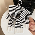Detailed view of the black and white striped knit shawl with soft ribbed edges texture - White Striped Shawl / White