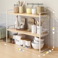 Double-tier white kitchen organizer shelf with wood-grain panels, 50.7x20x36cm size - 50cm 2-Tier White Frame + Natural Wood
