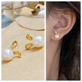 Golden rabbit pearl earrings with white zircon crystals on a minimalist display card - 1# Rabbit Pearl